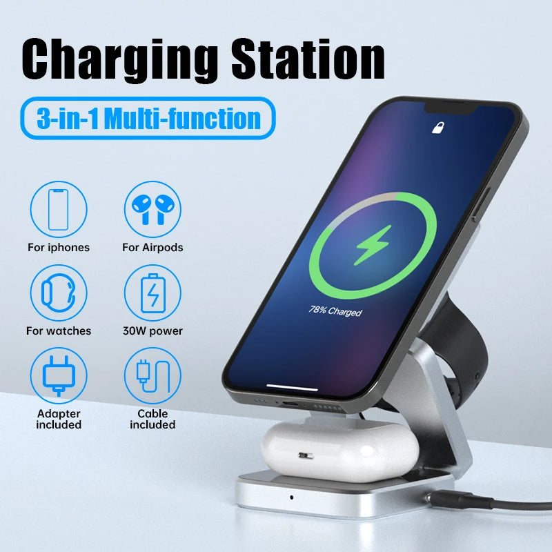 3-in-1 Foldable Magnetic Wireless Charger Stand for iPhone & AirPods