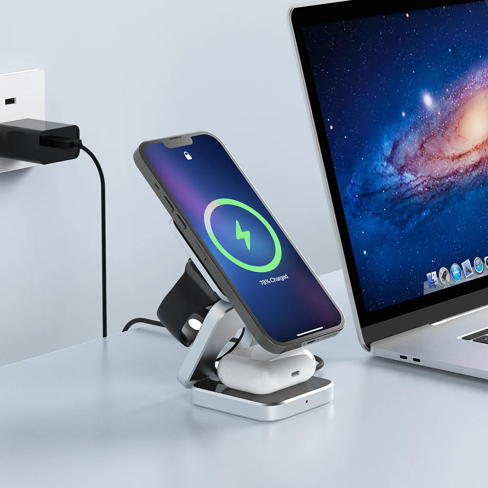 3-in-1 Foldable Magnetic Wireless Charger Stand for iPhone & AirPods